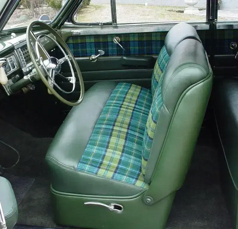 Restored front bench seat in the 1948 Chrysler Town & Country.