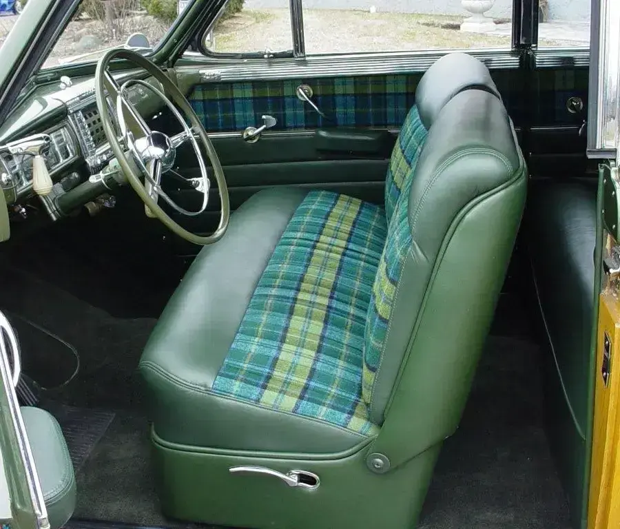 Restored front bench seat in the 1948 Chrysler Town & Country.