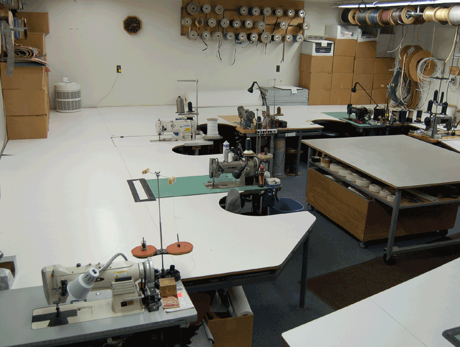 Industrial sewing machine at work in the Shelby Trim sew room.