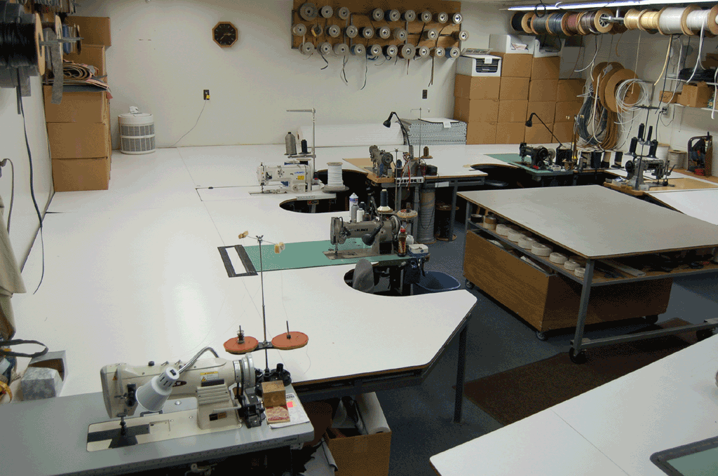Industrial sewing machine at work in the Shelby Trim sew room.