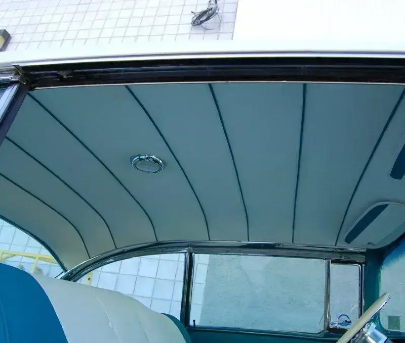 Blue and white headliner installed by Shelby Trim.