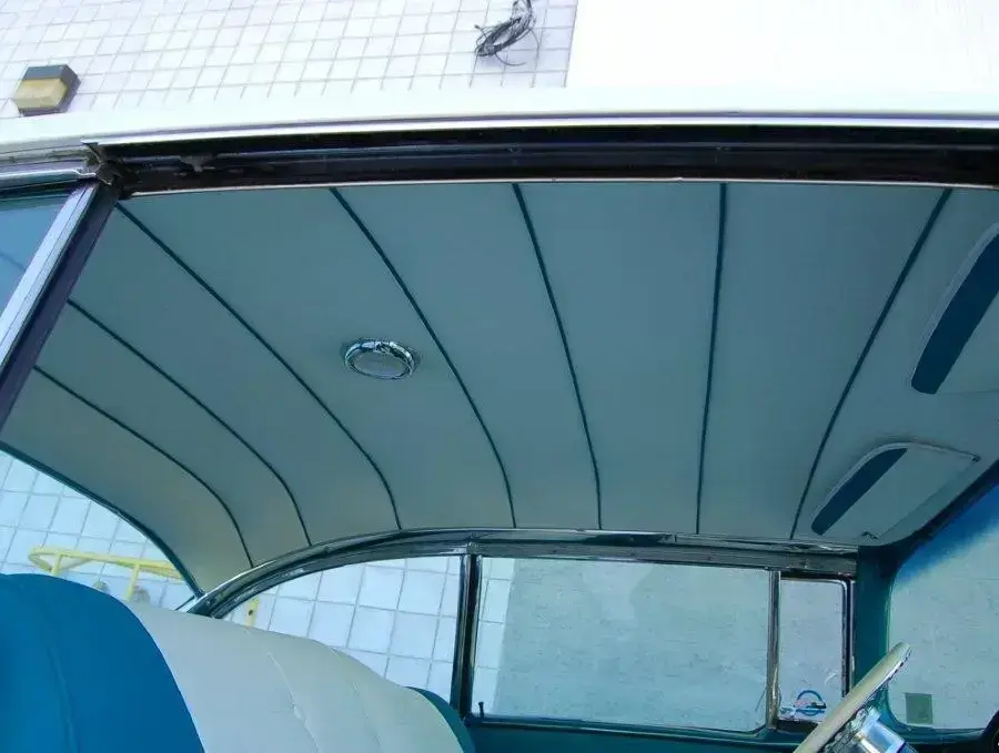 Blue and white headliner installed by Shelby Trim.