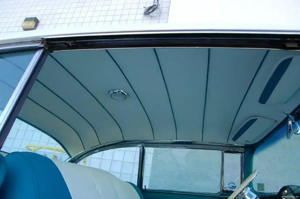 Blue and white headliner installed by Shelby Trim.