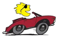 Cartoon Car Guy mascot driving a red roadster.
