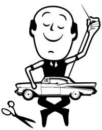 Cartoon Sew Guy mascot holding shears next to a vehicle silhouette.