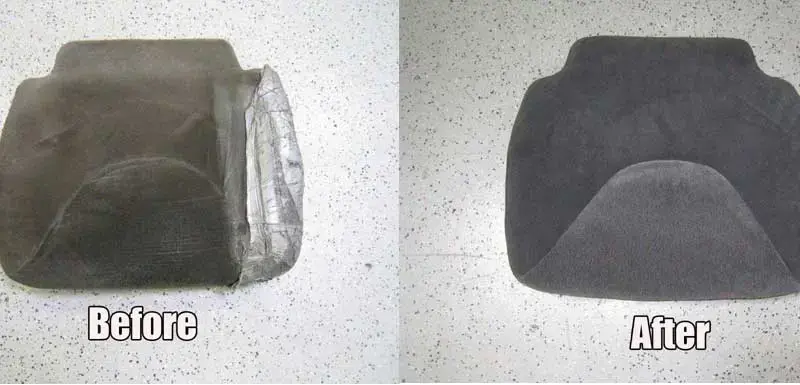 Seat cushion shown before and after Shelby Trim's repair work.