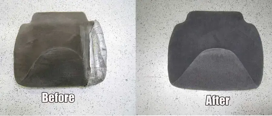 Seat cushion shown before and after Shelby Trim's repair work.