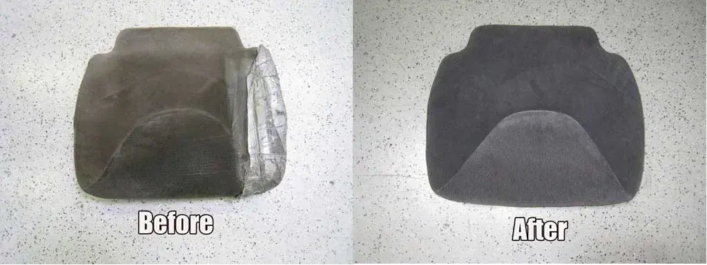 Seat cushion shown before and after Shelby Trim's repair work.