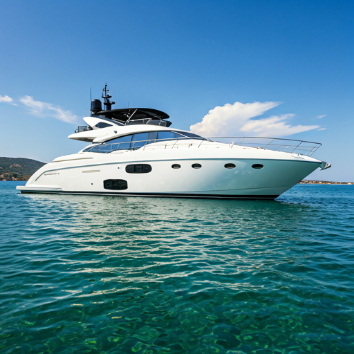Sleek white yacht with custom black marine canvas covers and high-performance outdoor upholstery overlooking clear blue water
