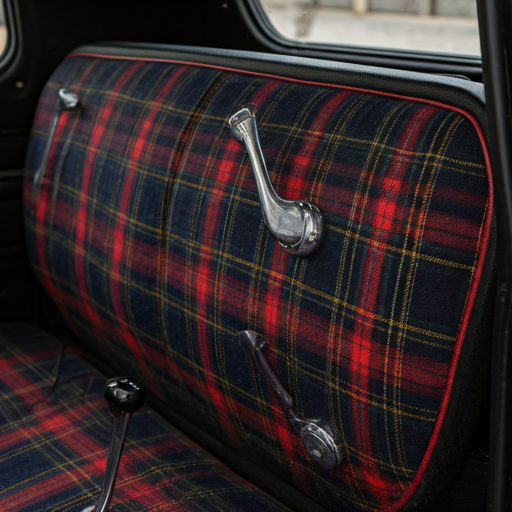 Restored interior of a heritage vehicle featuring classic plaid wool inserts and polished chrome handles