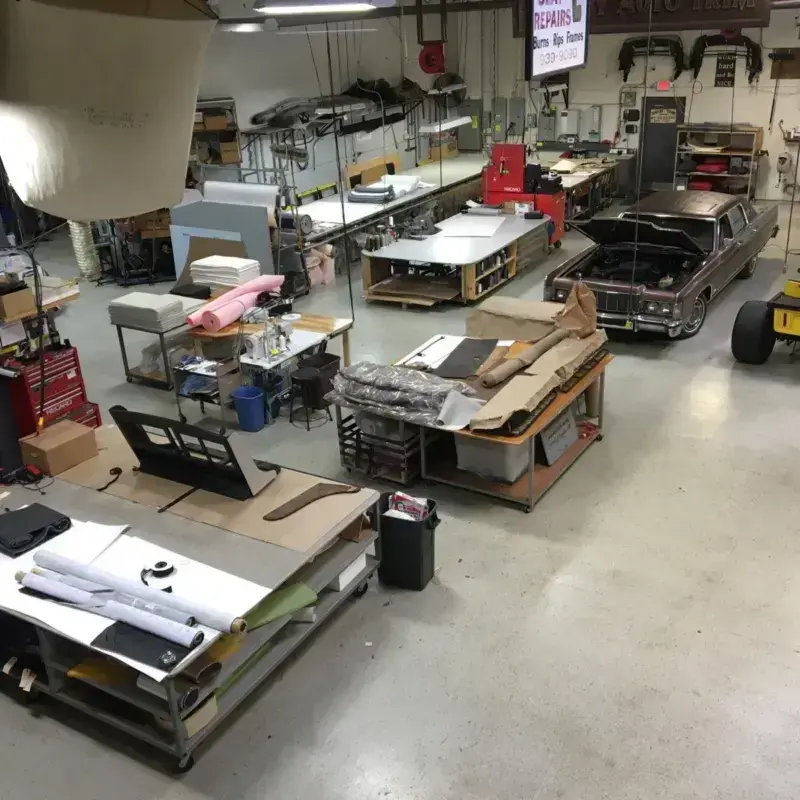 Shop floor with a Rat Rod build under way at Shelby Trim.